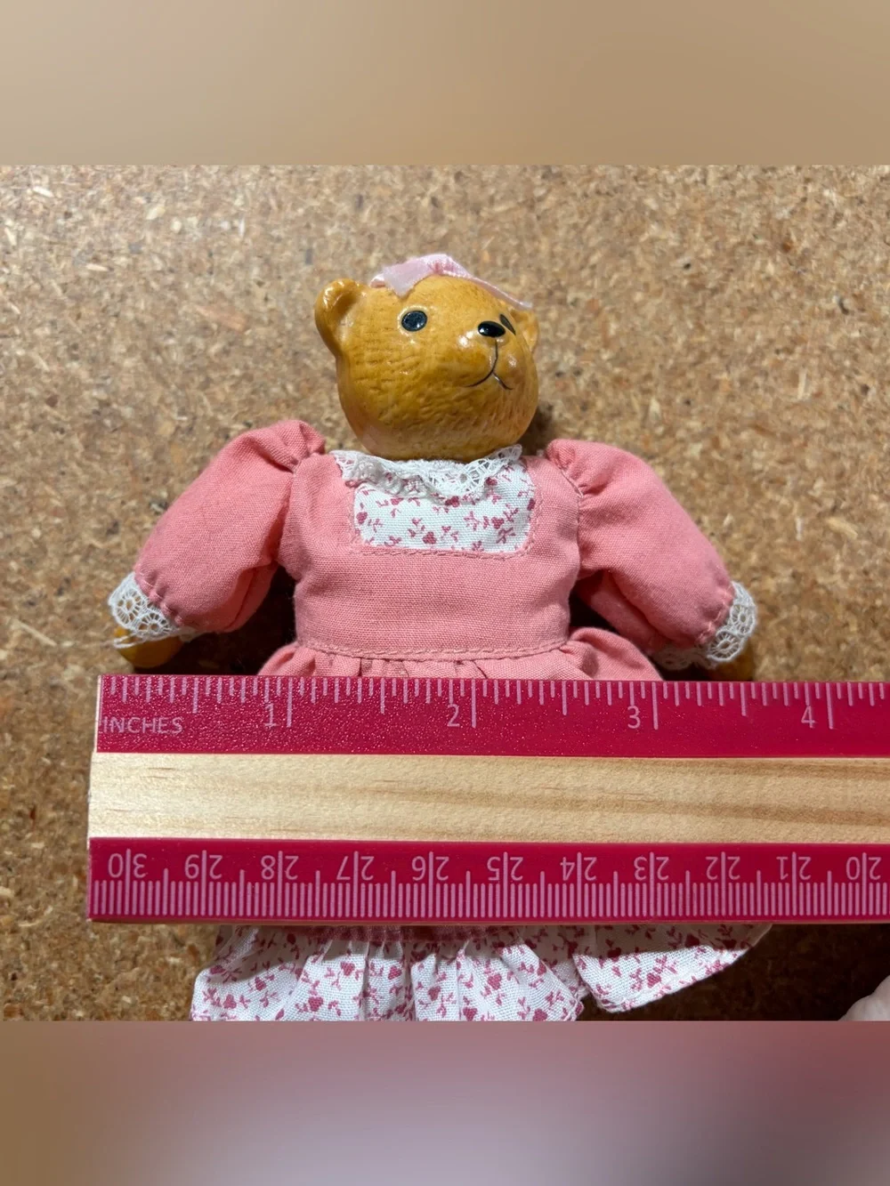 Vintage 1990s Mini Porcelain Teddy Bear Doll Russ Berrie Pink Dress 5”